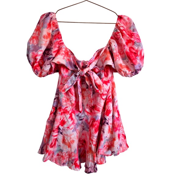 Showpo Janiena Puff Sleeve Fit and Flare Mini Dress Meadow Blur Floral - Picture 4 of 12